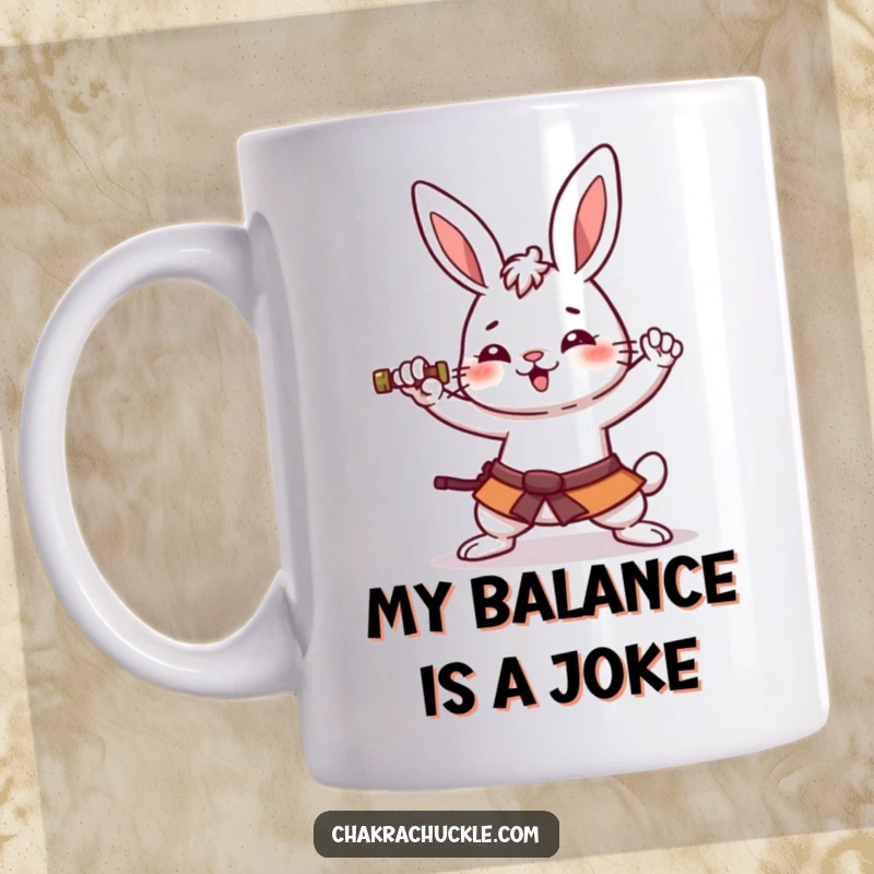 Funny warrior rabbit mug featuring a cute, amused kawaii bunny attempting a wobbly yoga warrior pose, full of playful determination.