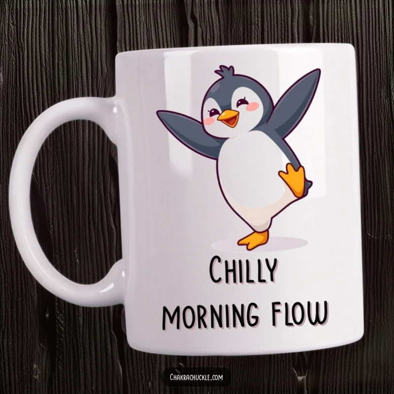 Funny yoga penguin mug featuring a cute, bouncing kawaii penguin energetically striking a challenging balance pose.