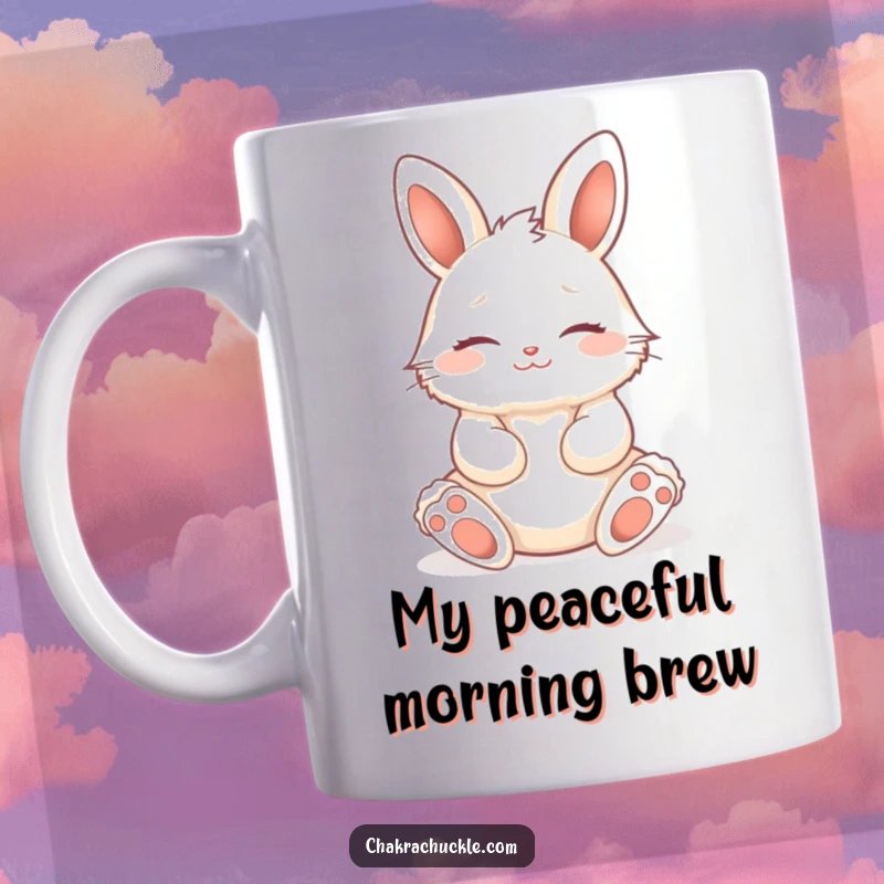 Funny fluffy bunny in a seated lotus pose, eyes closed with a peaceful smile, embodying calm and humor.