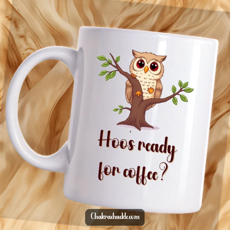 Funny owl yoga mug depicting a curious owl attempting a tree pose with a slight wobble, showcasing gentle humor and determination.