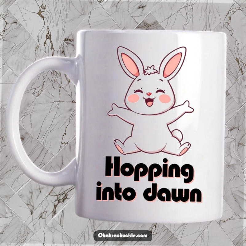 Funny Yoga Bunny Mug, a smiling kawaii bunny in a downward-facing dog pose, perfect for relaxation.