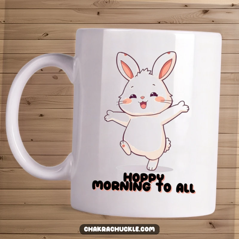 Funny Rabbit Balance Mug: Fluffy rabbit playfully balancing on one paw with arms outstretched.