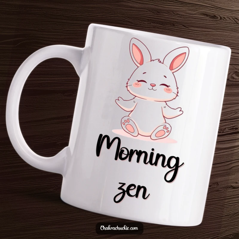 Funny serene yoga bunny mug in a relaxed pose with eyes closed and a gentle smile, promoting peace.