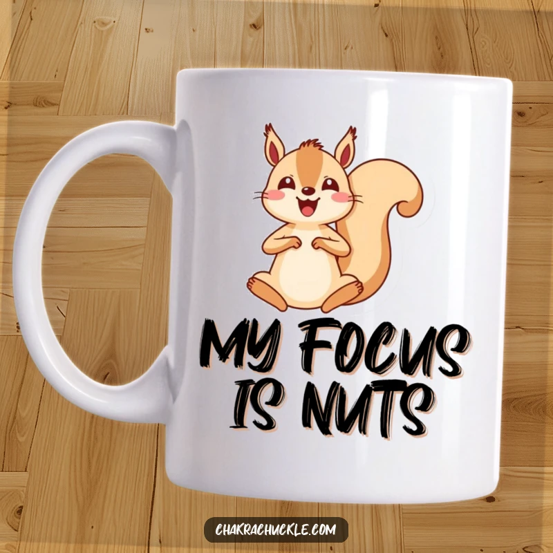 Funny kawaii squirrel mug, energetically jumping into a seated meditation pose, radiating joyous focus and tranquility.