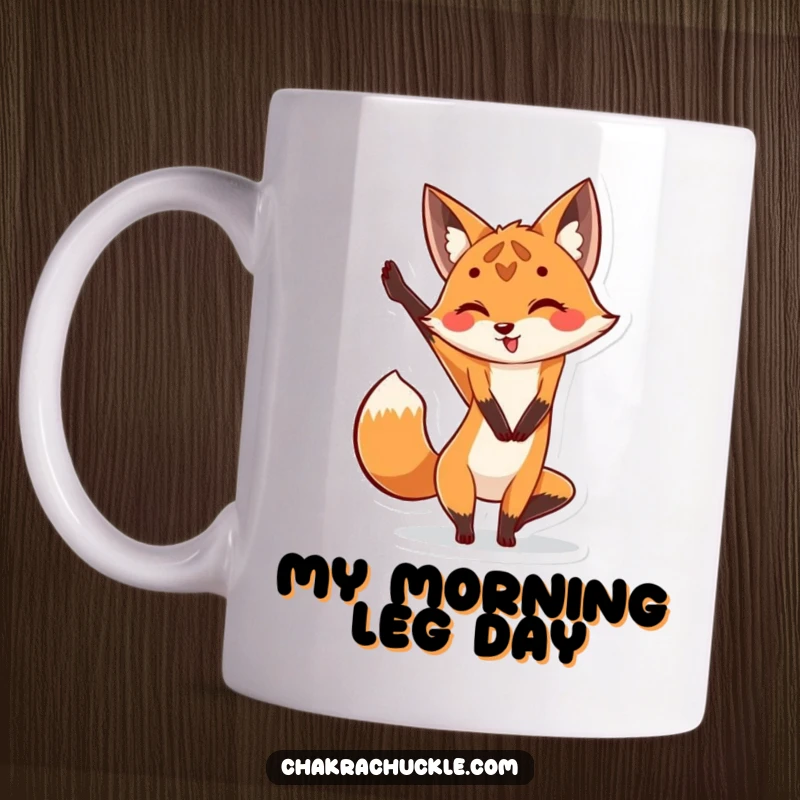 Funny Fox Yoga Mug: Cute fox doing a leg stretch in a playful pose, perfect for yoga lovers and gift seekers.
