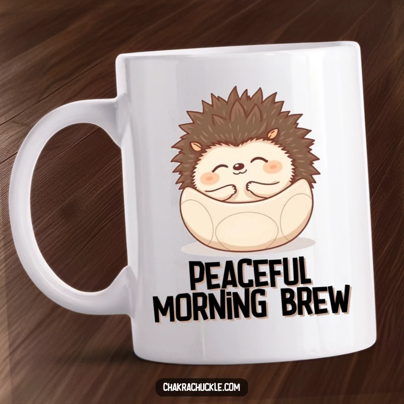 Funny Peaceful Hedgehog Mug rolled into a meditation ball, radiating calm and zen.