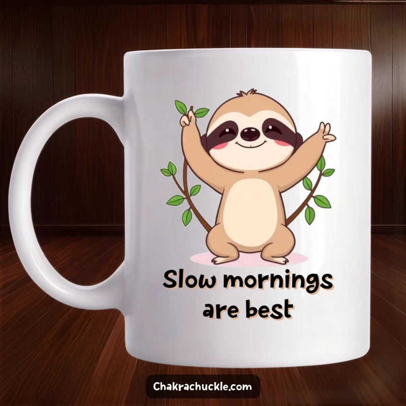 Funny sloth mug, character in tree pose yoga, determined concentration, slow and steady humor, perfect gift.
