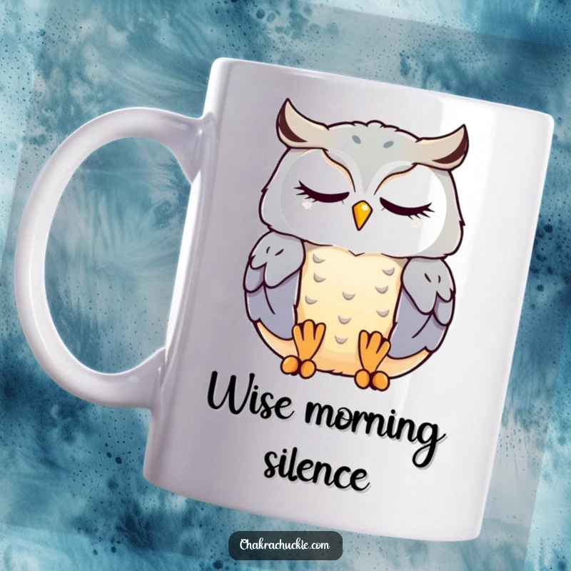 Funny meditating owl mug featuring a cute, contented kawaii owl with eyes closed in a serene zen pose.