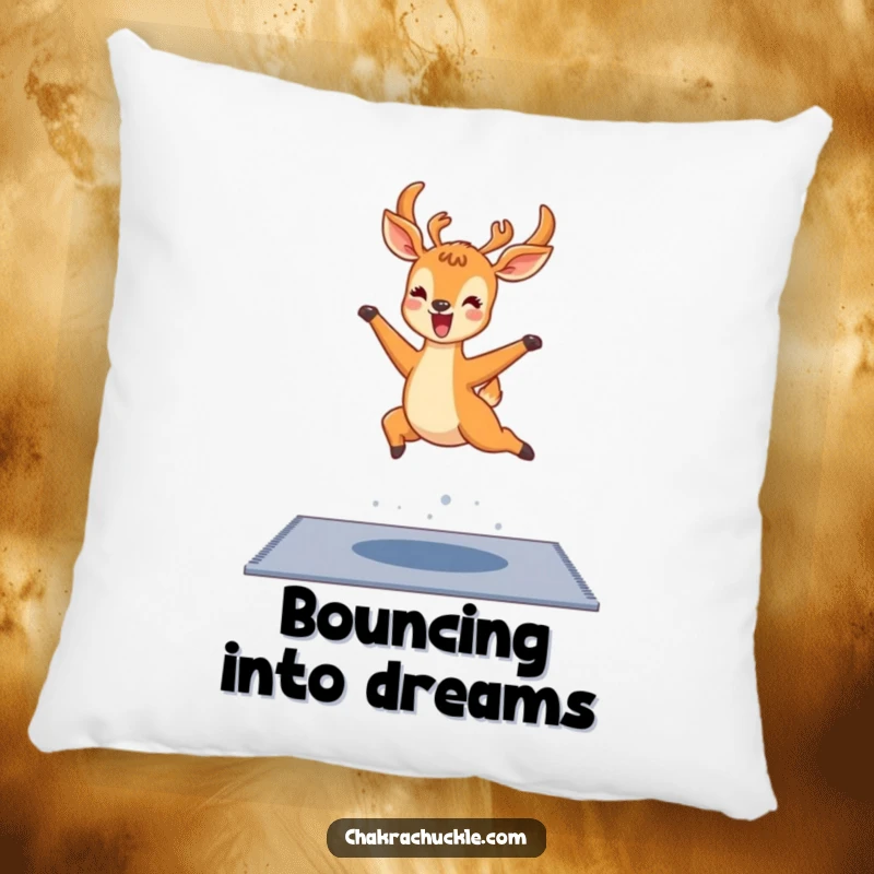 Funny kawaii deer yoga pillow, a delighted deer leaping over a yoga mat with joyful abandon, offering comfort and cheer.
