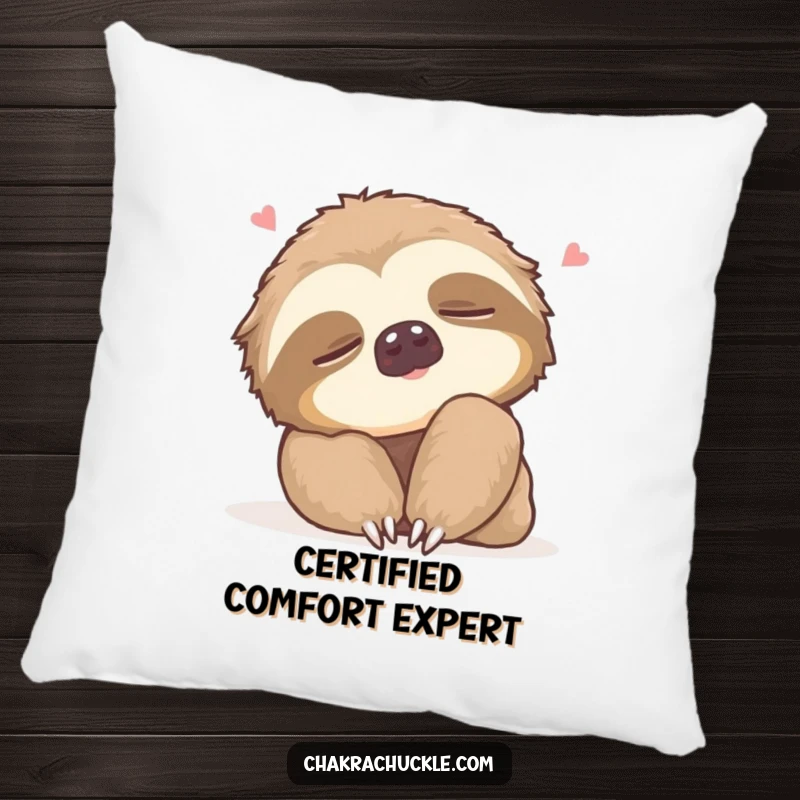 Funny Pillow with a sleepy sloth doing a gentle neck roll, eyes closed, offering humorous comfort and relaxation.
