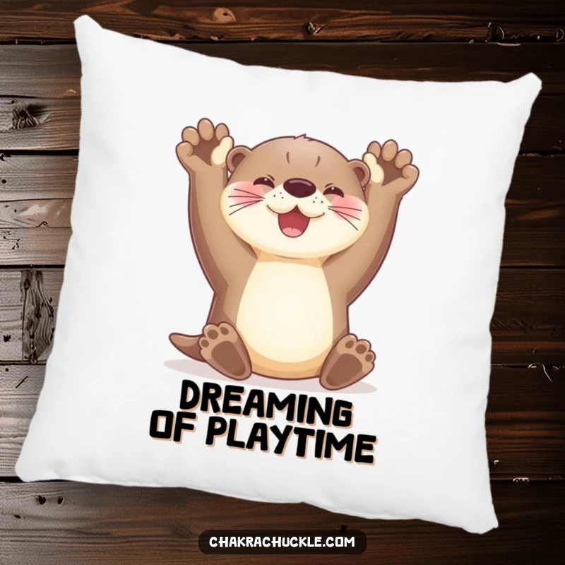 Funny otter pillow stretching its paws upwards with a radiant smile, providing cozy comfort and playful humor.