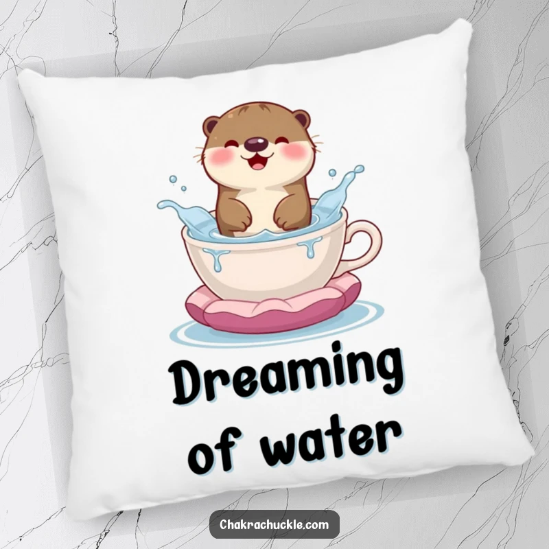 Funny pillow featuring a happy otter splashing playfully in a teacup-style meditation cushion, providing comfort and a touch of fun.