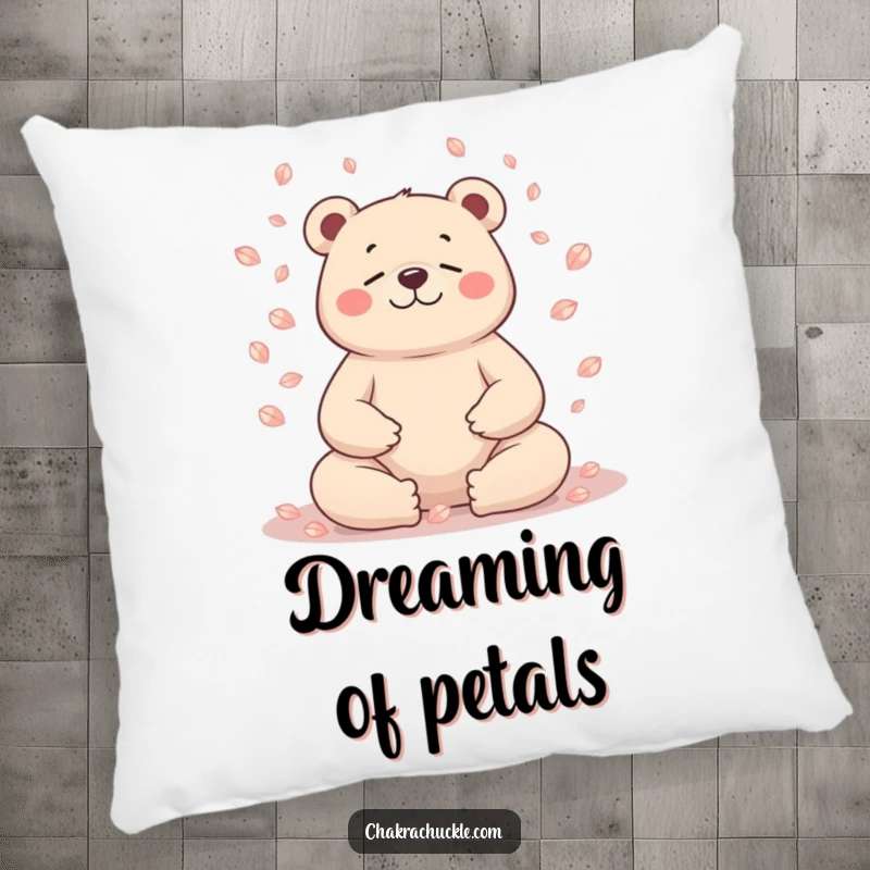 Funny bear pillow, character meditating, petals falling, soft and calming, giftable.