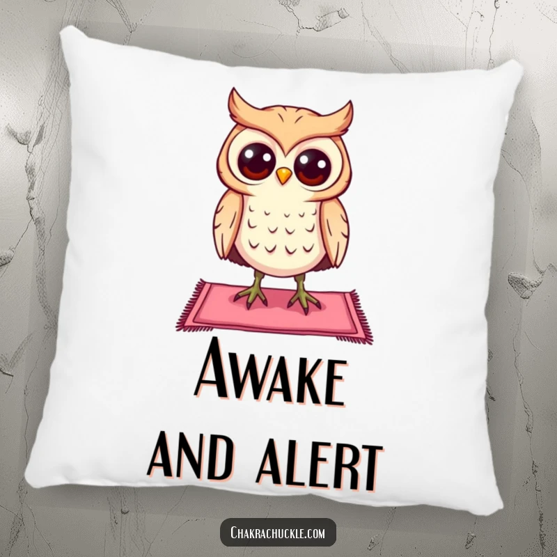 Funny curious owl pillow character balancing on a tiny yoga mat, eyes wide open, soft, comforting, and humorous.