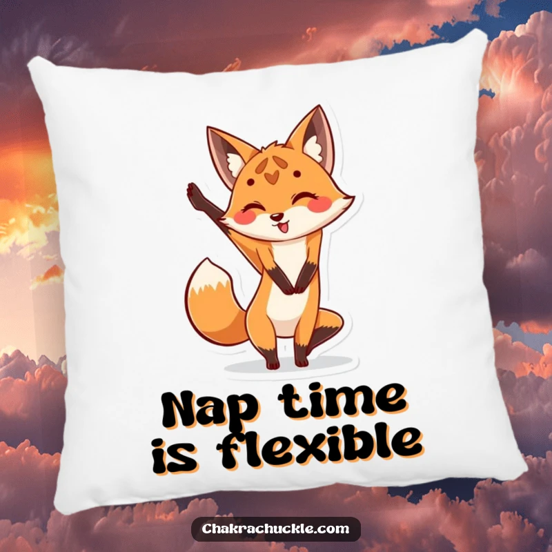 Funny Fox Yoga Pillow: Cute fox in a leg stretch yoga pose, a soft and humorous decorative item.