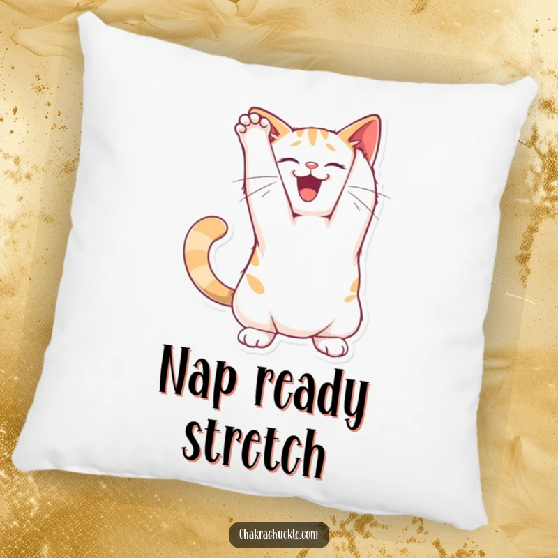 Funny joyful cat pillow character stretching its back in a playful arch pose, soft, comforting, and humorous.