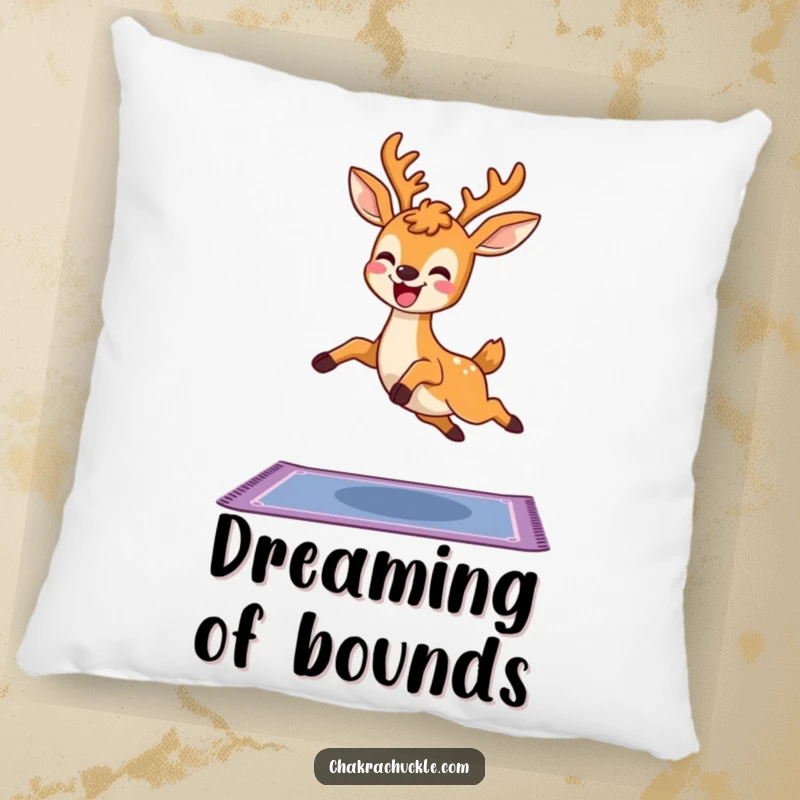 Funny Kawaii Deer Yoga Pillow, a cute deer leaping joyfully over a yoga mat, soft and humorous home decor gift.