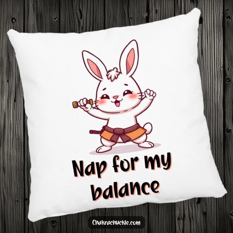 Funny kawaii rabbit pillow with an amused bunny striking a wobbly warrior yoga pose, offering cute and comfy humor.