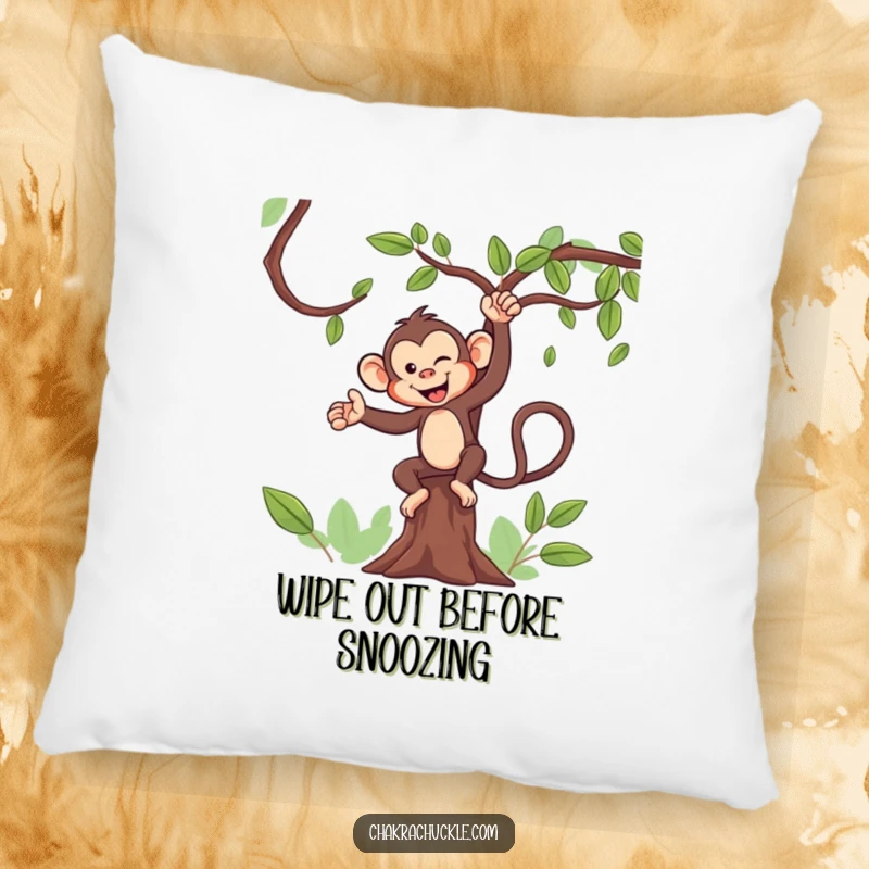 Funny Monkey Yoga Pillow: A mischievous monkey smiles, holding a tree pose with a wink, offering comfort and cheer.