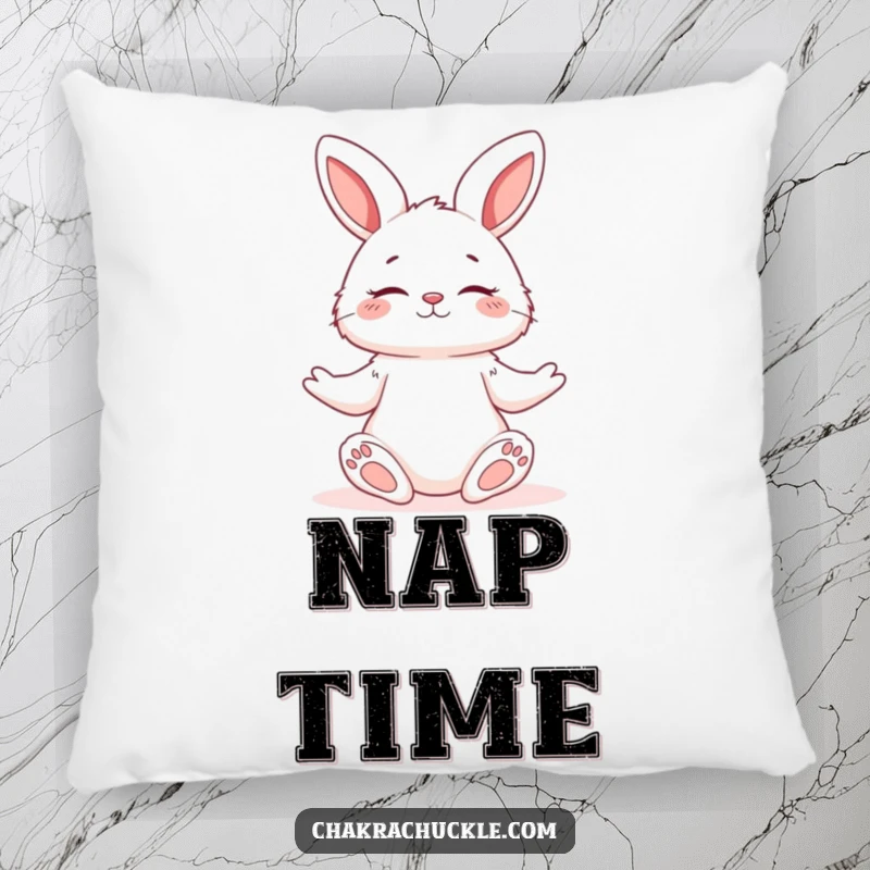 Funny soft pillow featuring a fluffy bunny in a relaxed yoga pose with eyes closed and a gentle smile.