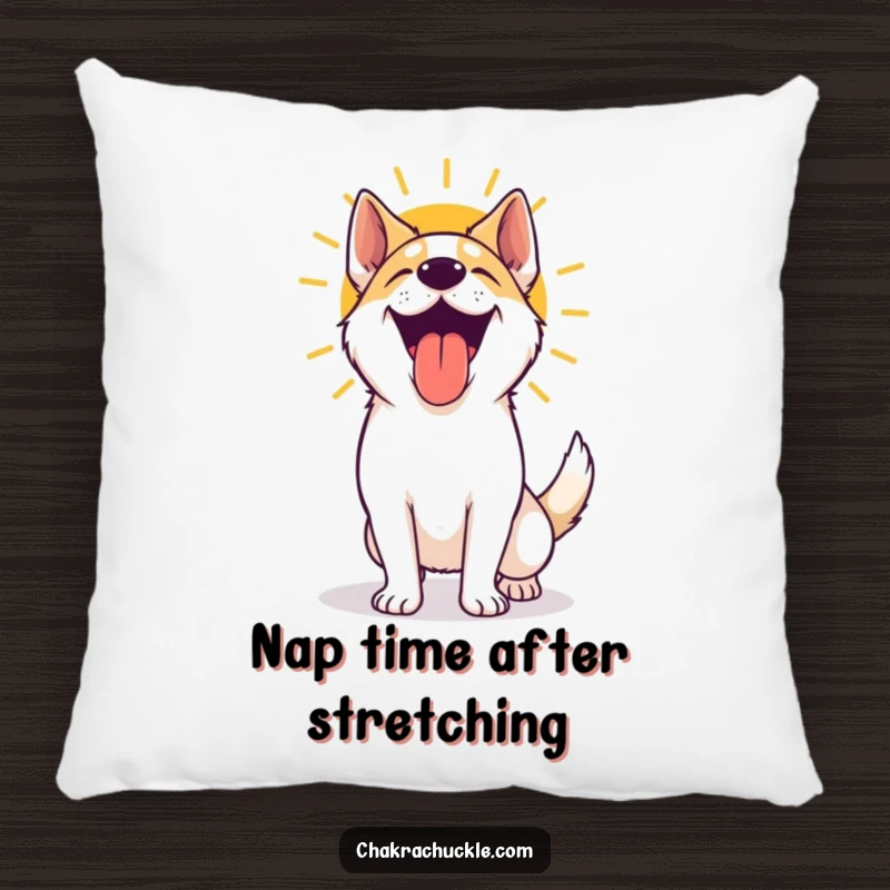 Funny yoga dog pillow showing a happy, panting dog beaming after a sun salutation, providing comfort and a daily dose of humor.