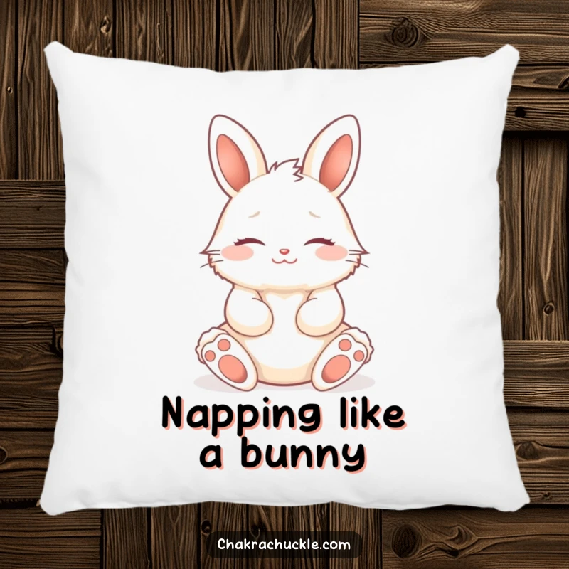 Funny fluffy bunny in a seated lotus pose, eyes closed, peaceful smile, a soft and humorous pillow.