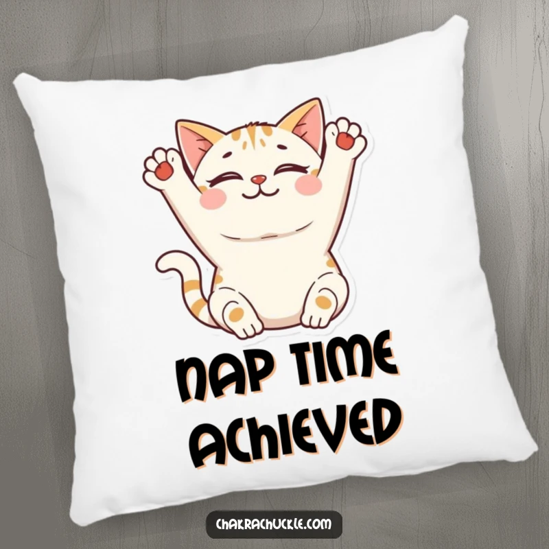 Funny Cat Yoga Pillow: A smiling cat stretches its front paws upwards peacefully, offering plush comfort and feline charm.