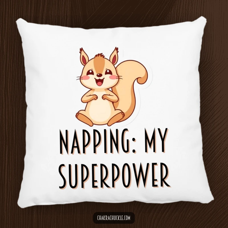 Funny kawaii squirrel meditation pillow, an energetic squirrel captured mid-jump into a seated meditation pose, offering comfort.