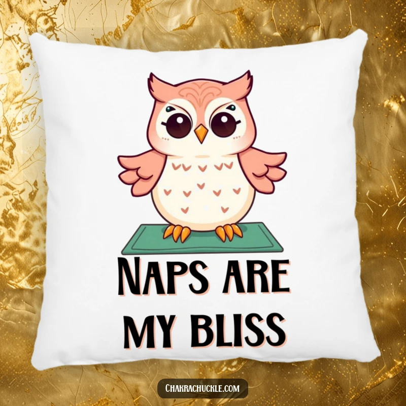 Funny pillow featuring a giggling owl in a meditation pose, floating above a yoga mat, providing comfort and comedic relief.
