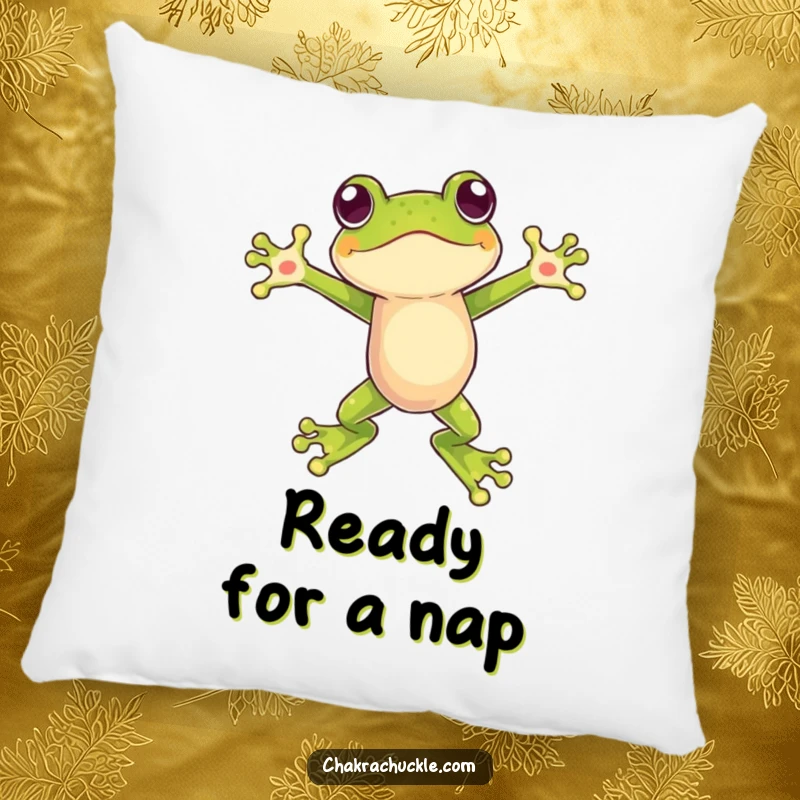 Funny pillow featuring a frog in a dynamic leap, arms open wide, offering a comfortable and humorous accent.