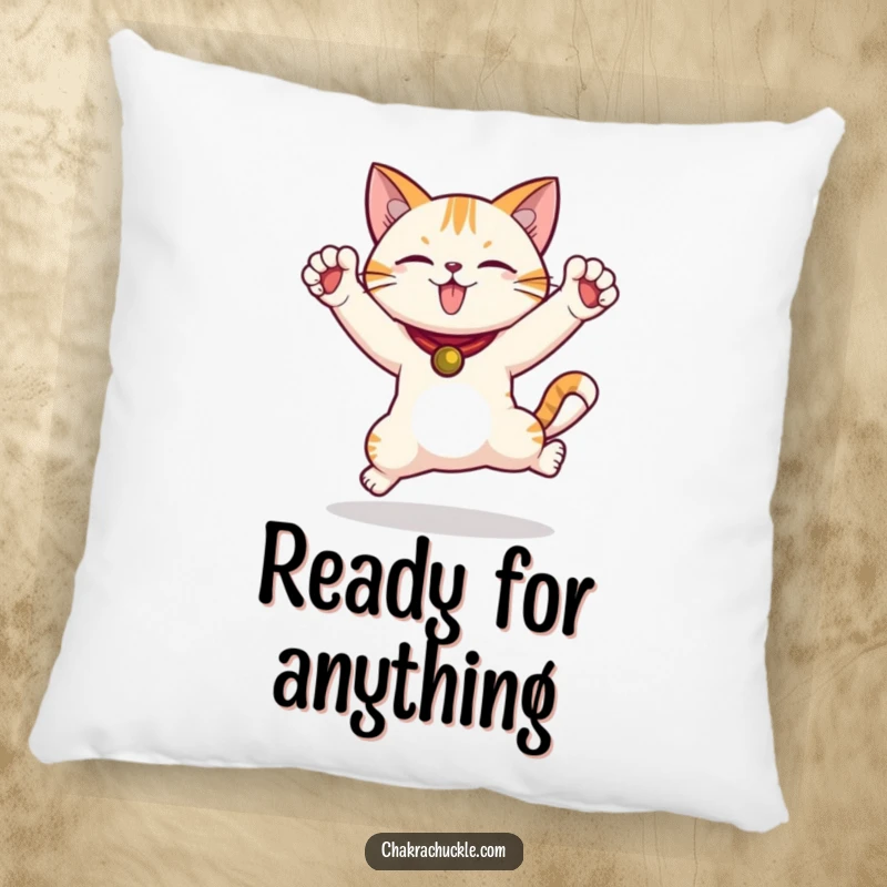 Funny Cat Warrior Pillow featuring a jumping cat in a warrior pose with paws in the air, bringing humorous comfort.