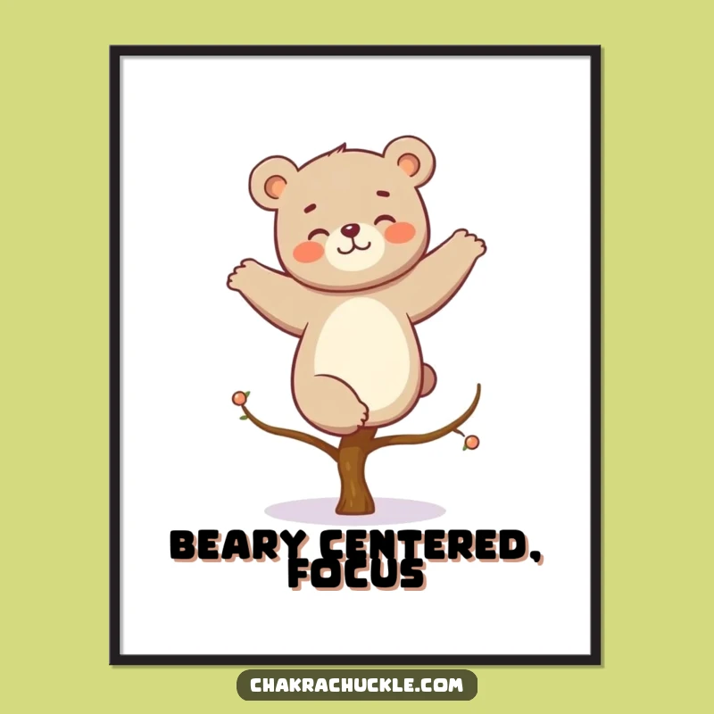 Funny Kawaii Bear Yoga Digital Art: Giggling Bear Tree Pose Print Gift