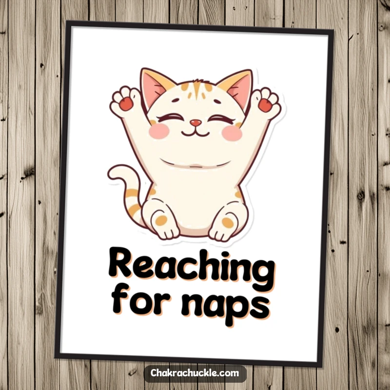 Funny Cat Yoga Digital Art Print: A smiling cat stretches its front paws upwards peacefully, radiating calm and adorable feline grace.