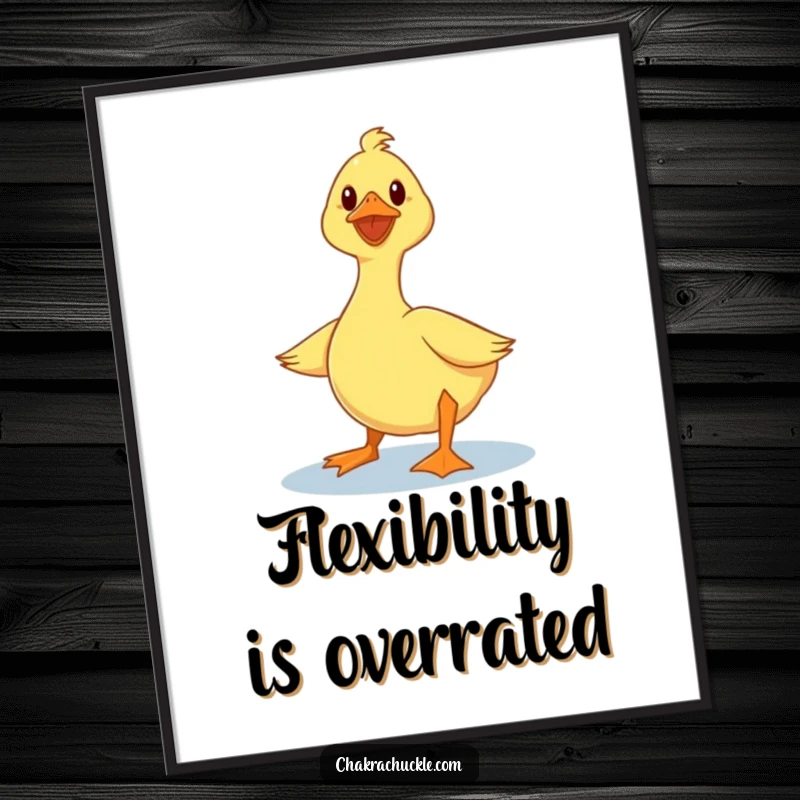 Funny duck digital art print featuring a wobbly duck humorously balancing in a lotus yoga pose, radiating playful charm.