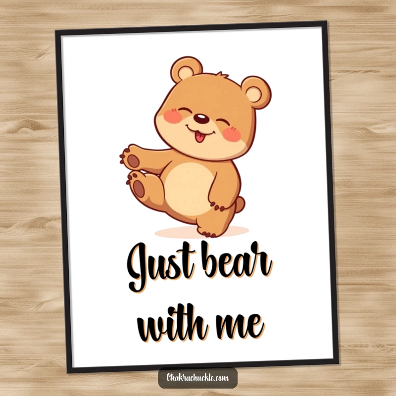 Funny digital art of a bear joyfully giggling while balancing on one paw in a comical, playful twist.