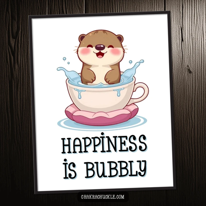 Funny digital art of a happy otter splashing playfully in a teacup meditation cushion, bursting with joy and personality.