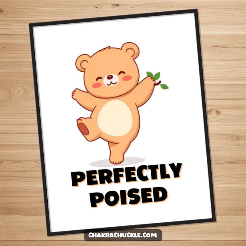 Funny Kawaii Bear Yoga Digital Art Print, a cute giggling bear in a tree pose, perfect for instant wall decor and a humorous gift.