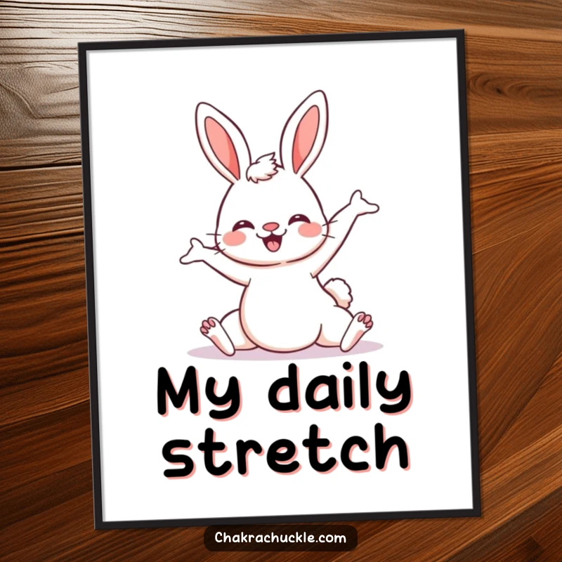 Funny Kawaii Bunny Yoga Digital Art Print, a cute bunny in downward dog pose, perfect for instant wall decor and a humorous gift.