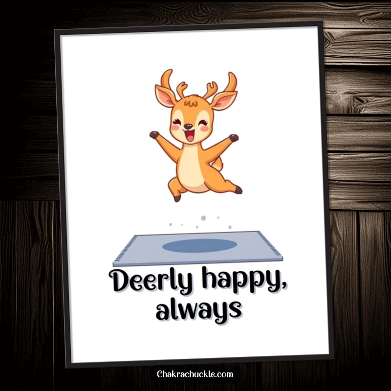 Funny kawaii deer yoga digital art print, a delighted deer leaping over a yoga mat with joyful abandon, adding cheer.