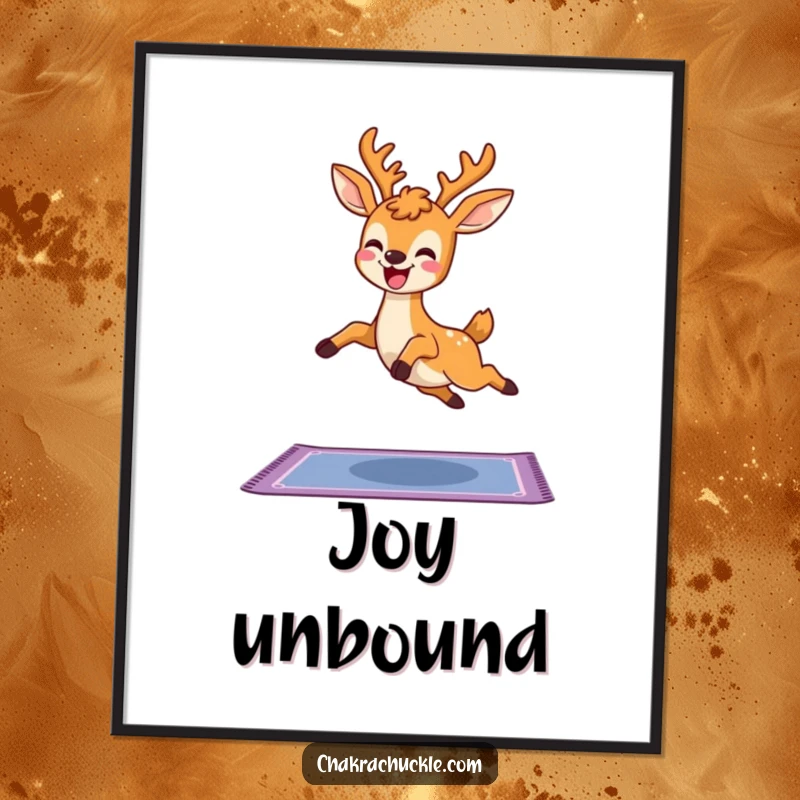 Funny Kawaii Deer Yoga Digital Art Print, a cute deer leaping joyfully over a yoga mat, perfect for instant wall decor and a humorous gift.