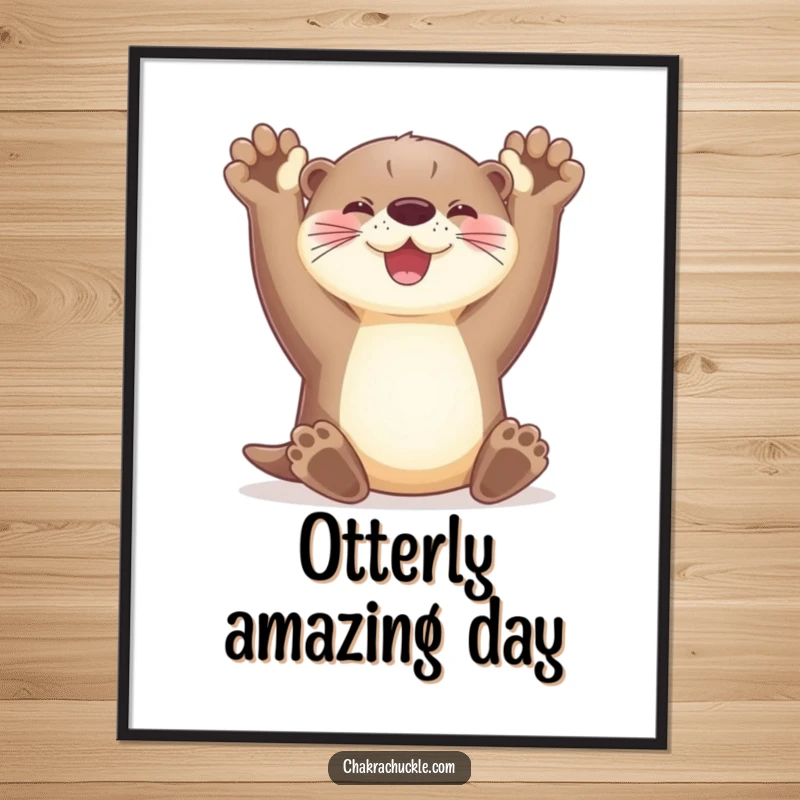 Funny otter digital art print stretching its paws upwards with a radiant smile, for humorous and joyful decor.