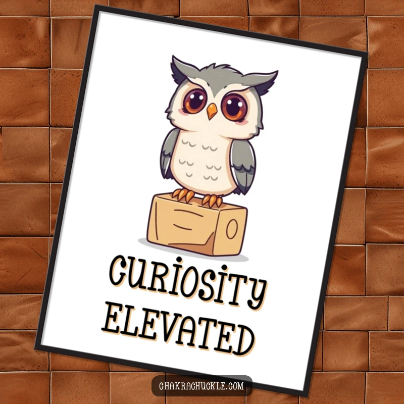 Funny Owl Yoga Digital Art Print: A curious owl perches on a yoga block, looking up inquisitively with wide, wise eyes.