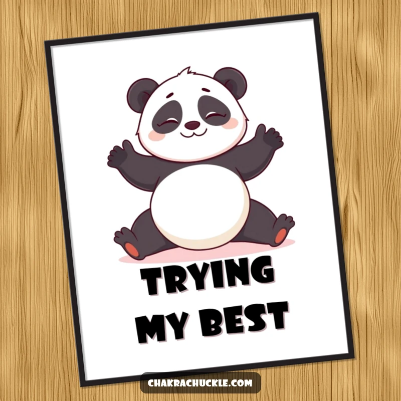 Funny Panda Yoga Digital Art Print: Giggling panda character attempting a challenging yoga pose, ready for download.