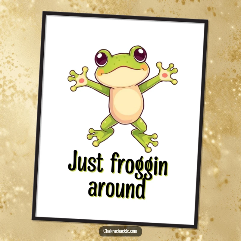 Funny digital art of a frog in a powerful, balanced leap, arms open, ready to inspire action and smiles instantly.