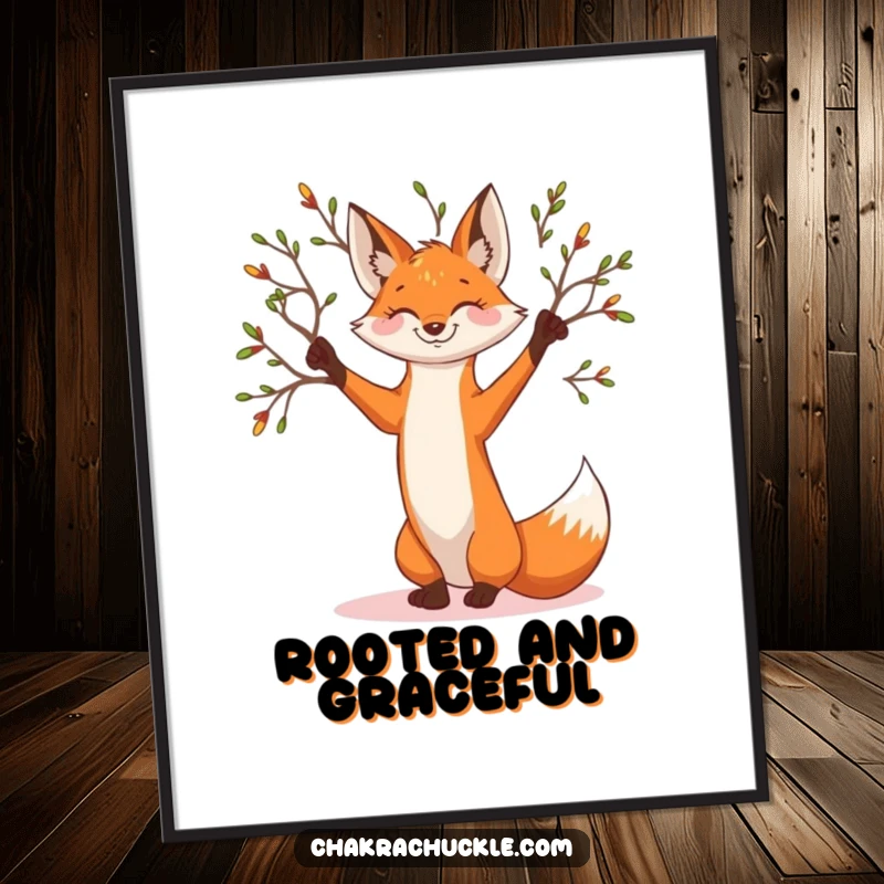 Funny smiling fox digital art print, graceful tree pose, branches reaching, offering instant woodland serenity.