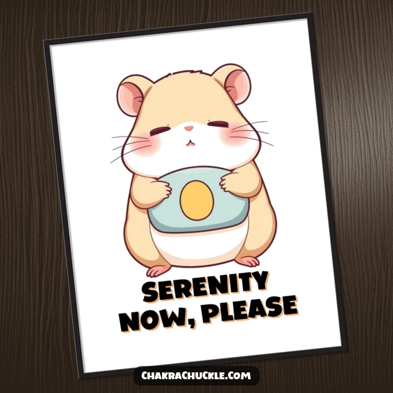 Funny Digital Art Print of a determined hamster meditating on a cushion, eyes closed, bringing humorous zen to your space.