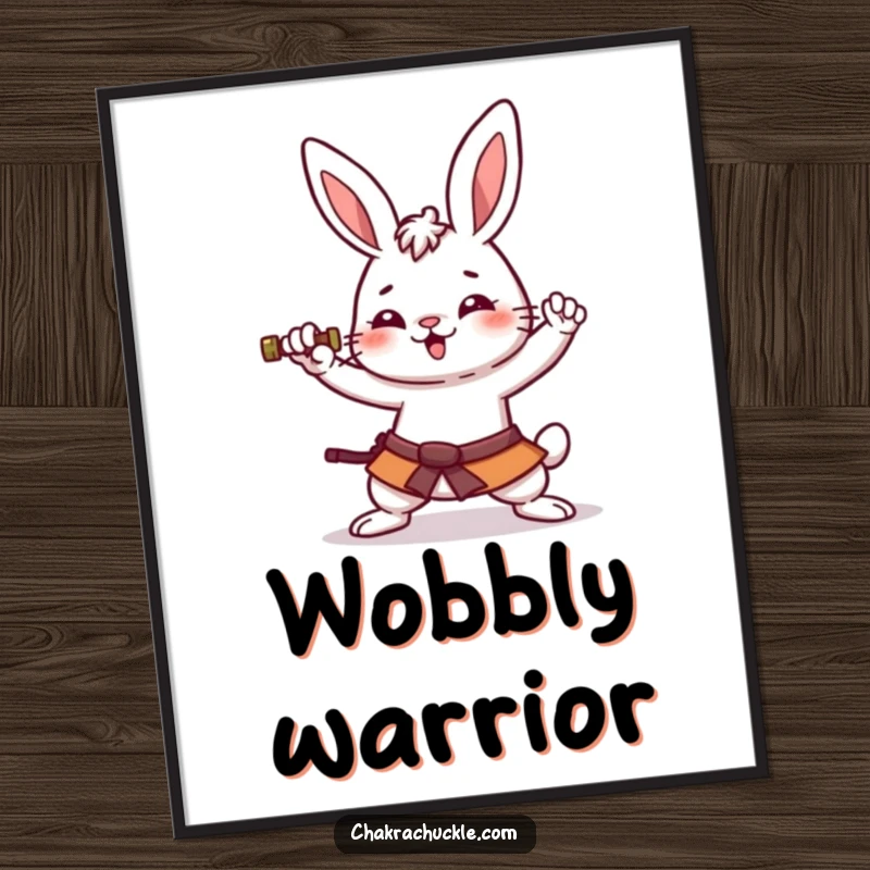 Funny kawaii rabbit digital art print of an amused bunny striking a hilariously wobbly warrior pose, full of cute charm.