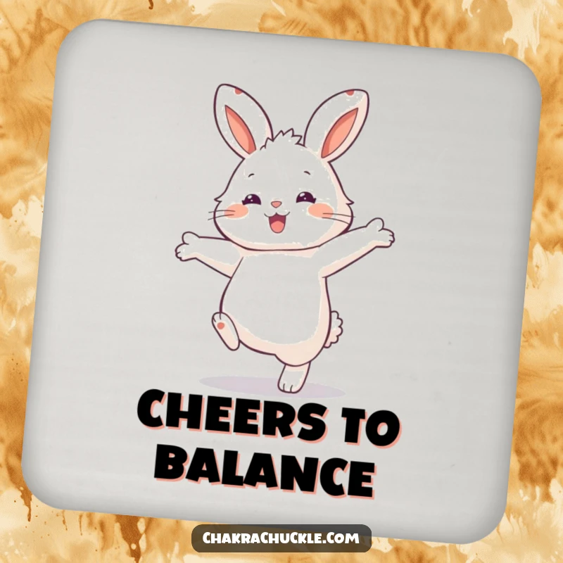 Funny Rabbit Balance Coaster: Fluffy rabbit in a funny one-paw balance pose, a humorous surface protector.