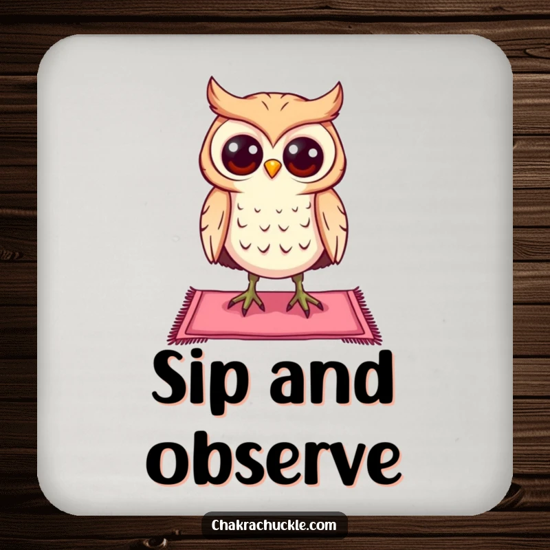 Funny curious owl coasters characters balancing on a tiny yoga mat, eyes wide open, protecting decor with humor.