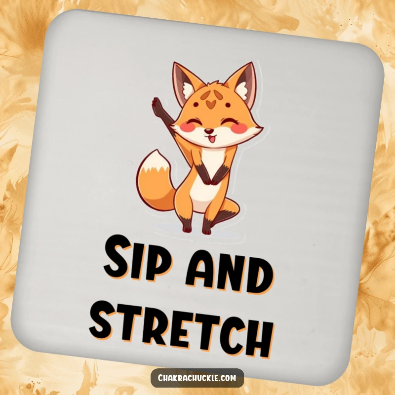 Funny Fox Yoga Coaster: Cute fox performing a leg stretch yoga pose, a humorous surface protector.
